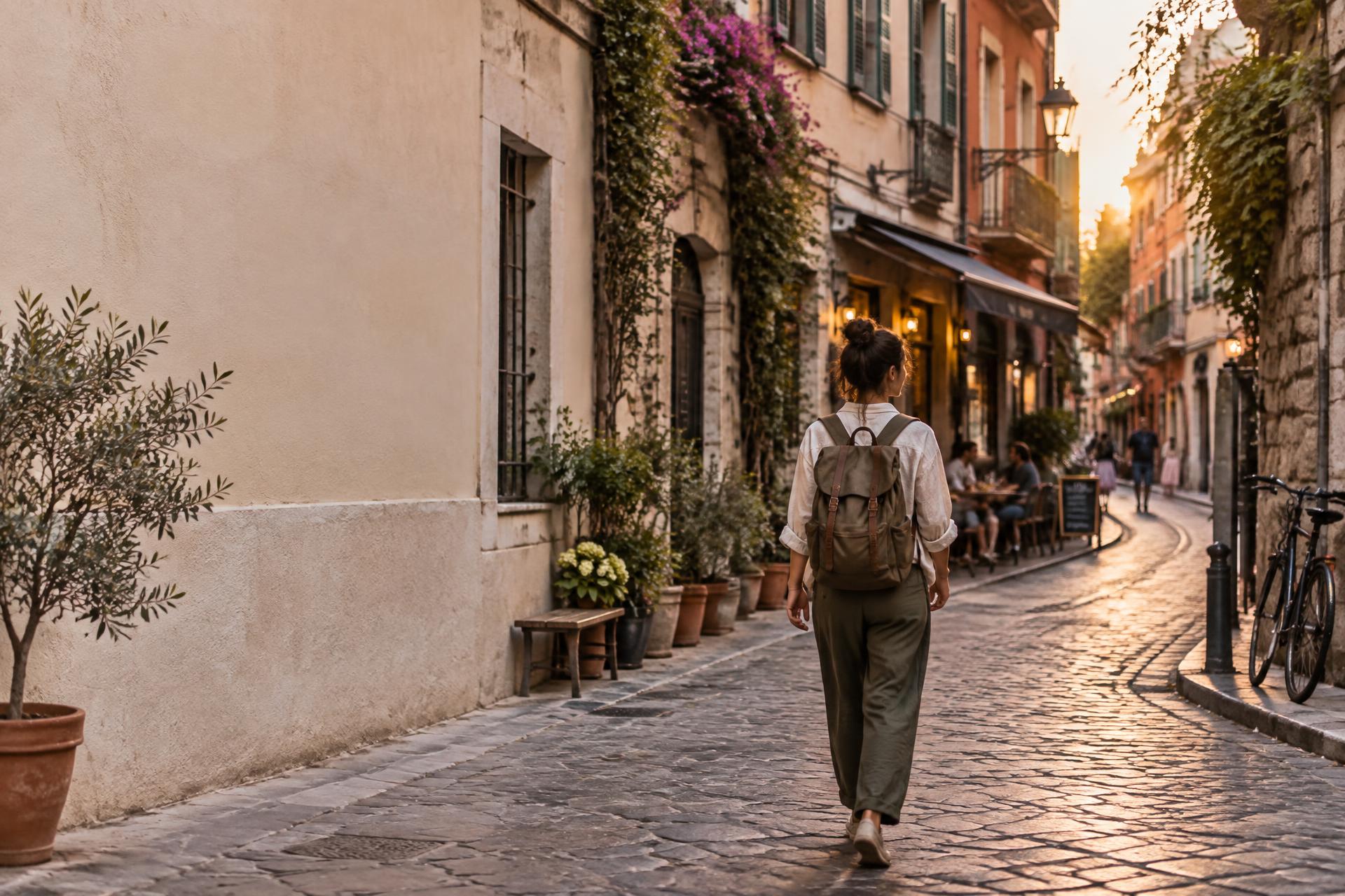 A traveler discovering an unfamiliar city street in warm golden-hour light